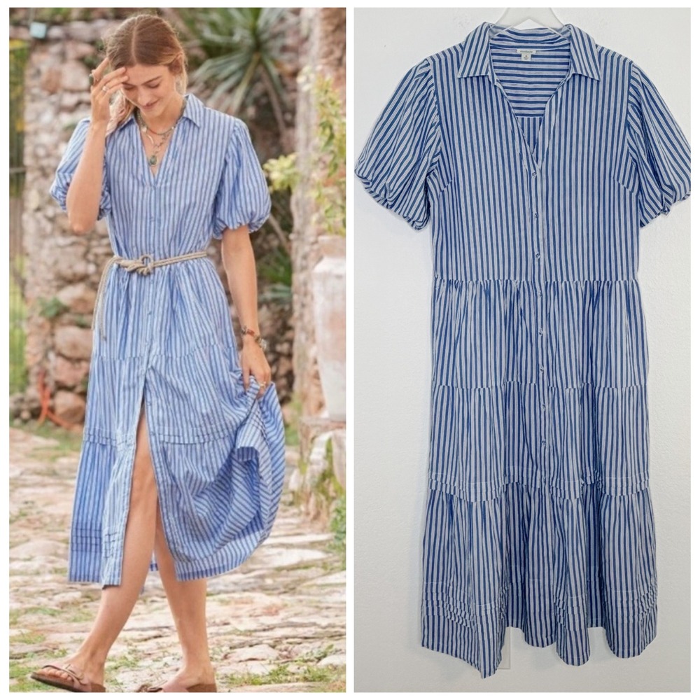Sundance Abrielle Shirt Dress Size M Blue Stripe Short Puff Sleeve Midi Cotton